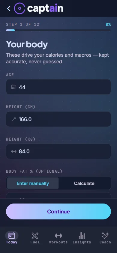 Onboarding intake form for body metrics