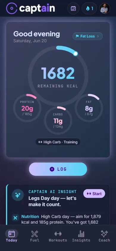 Today dashboard with remaining calories and macro rings